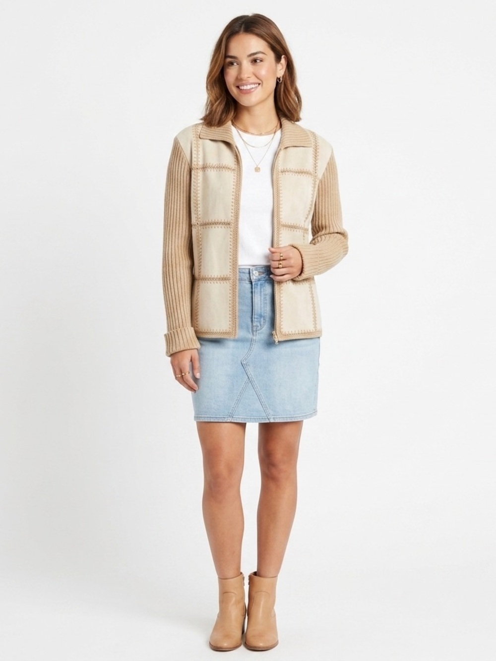 Vintage Spice of  Life Leather Knit Zip Up Cardigan Sweater